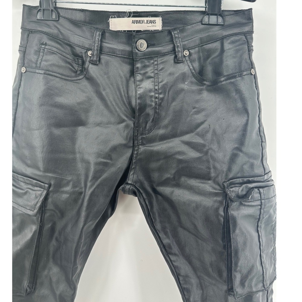 Armor Jeans Mens Black Coated Cargo Pants Waxed Denim Straight Leg 32x36
